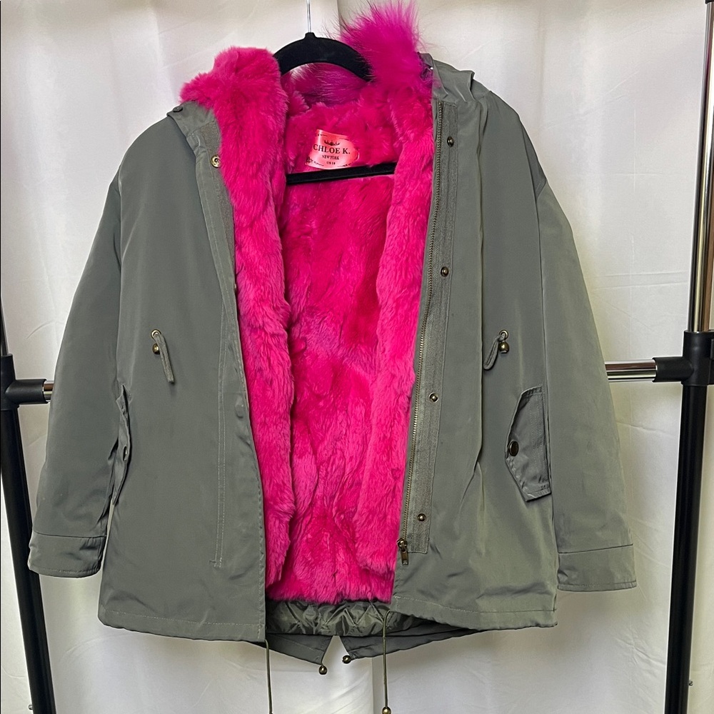 Chloe K girls removable fur lined parka jacket pink and green size 10